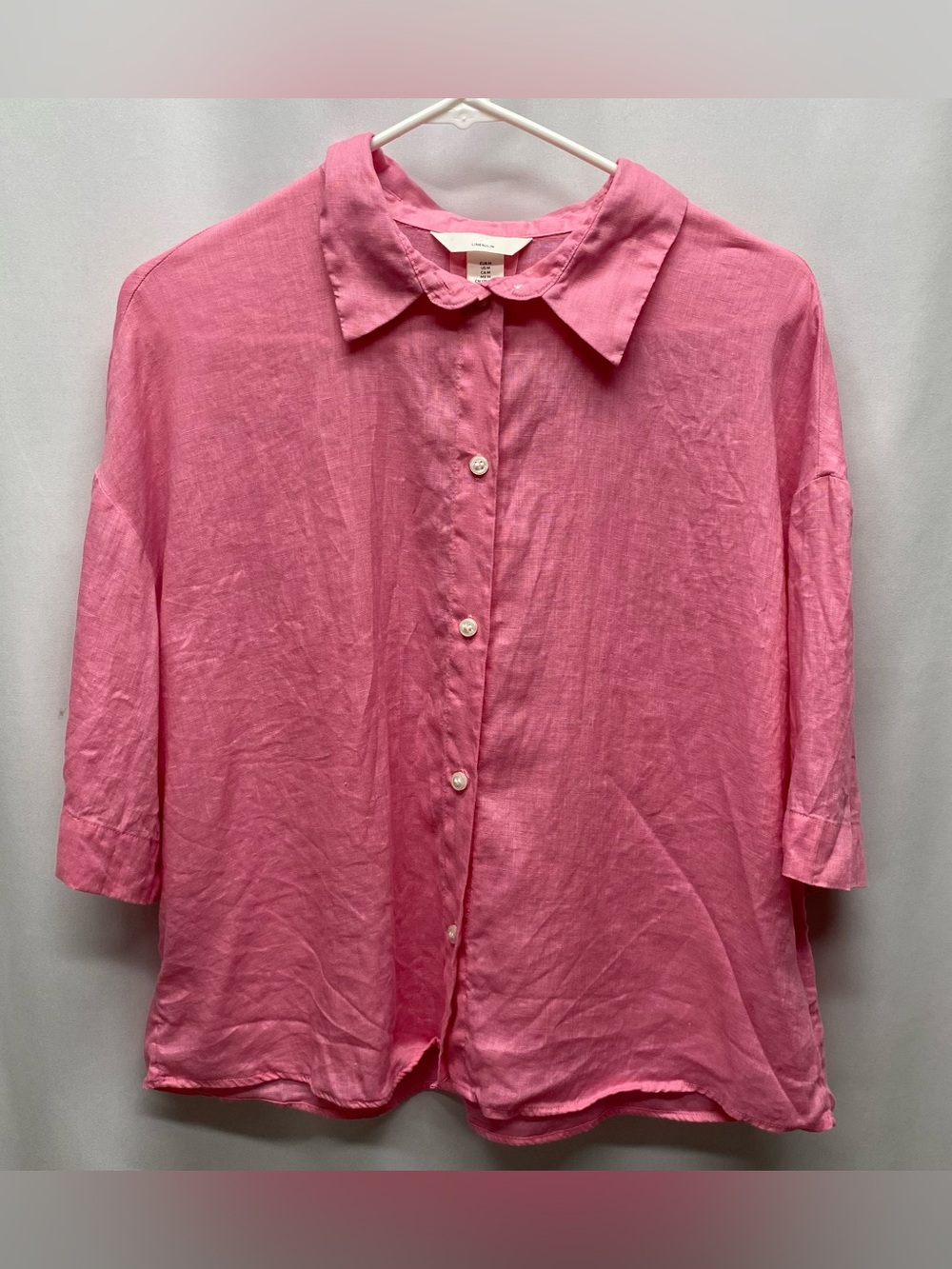 Linen boho womens size medium button front shirt pink cropped boxy modest